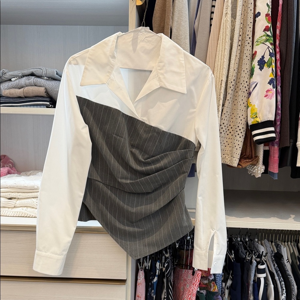 Commense White Button-Up With Gray Pinstripe Drap… - image 4